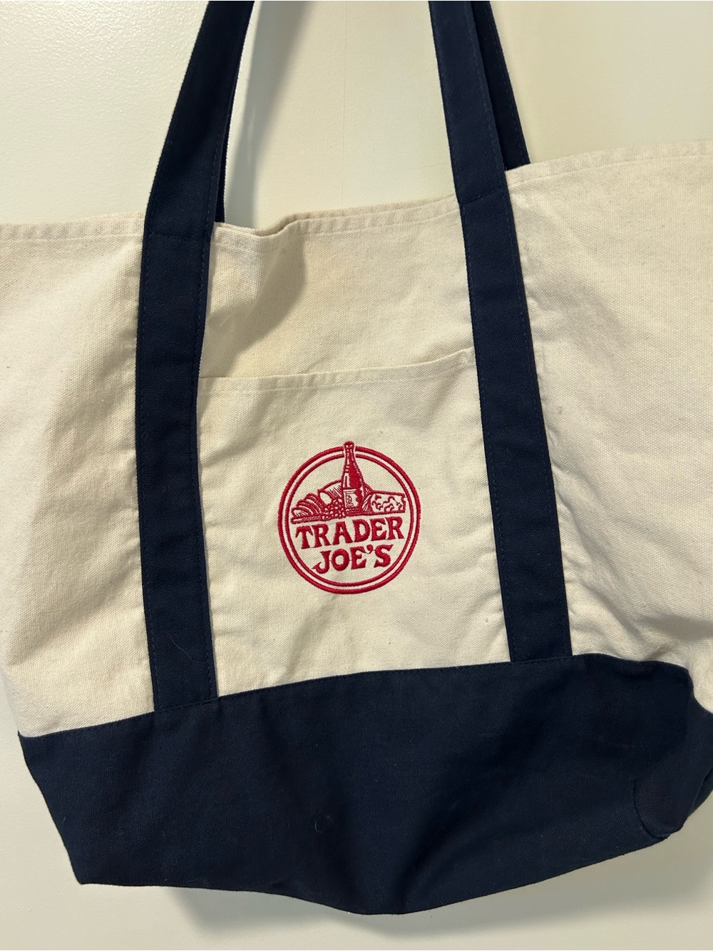 Trader Joe's Cream & Navy Large Canvas Tote 20”X17”